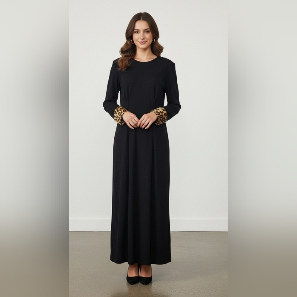 EXPO Elegant Black Dress with Leopard Print Cuffs